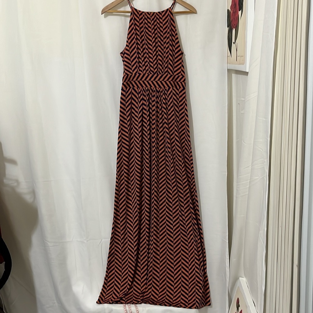 Loft Orange with Blue Striped Halter Maxi Dress a307 - Picture 5 of 6